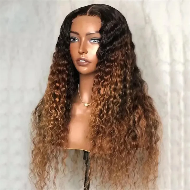 Long 26inch 180Density Kinky Curly Ombre Brown Blonde Lace Front Wig For Black Women Baby Hair Daily Natural Hairline Preplucked