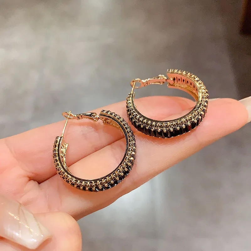 French retro black full diamond earrings female atmosphere exaggerated cold wind silver needle earrings exquisite versatile Inte
