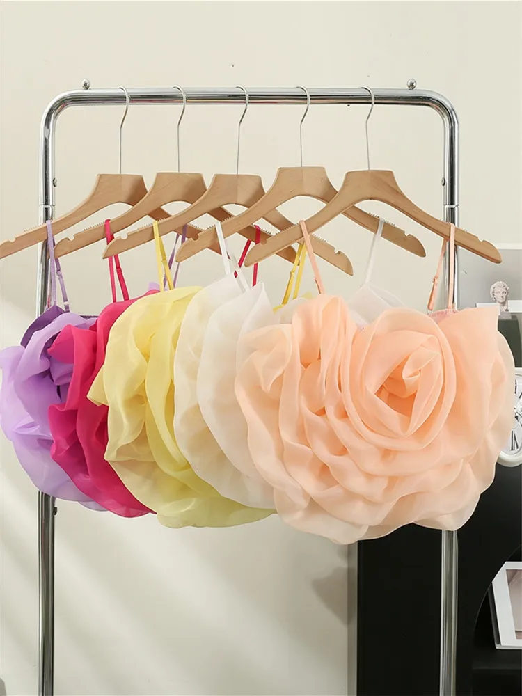 Sweet Big Organza Flower Camisole Girls Stretchy Back Slim Above Navel Camis Crop Top Fashion Summer Clothing