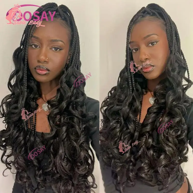 Synthetic Full Lace Frontal Knotless Box Braided Wigs with Curly Ends 28 Inch 1B30 Brown Cornrow Box Braids Wig for Black Women