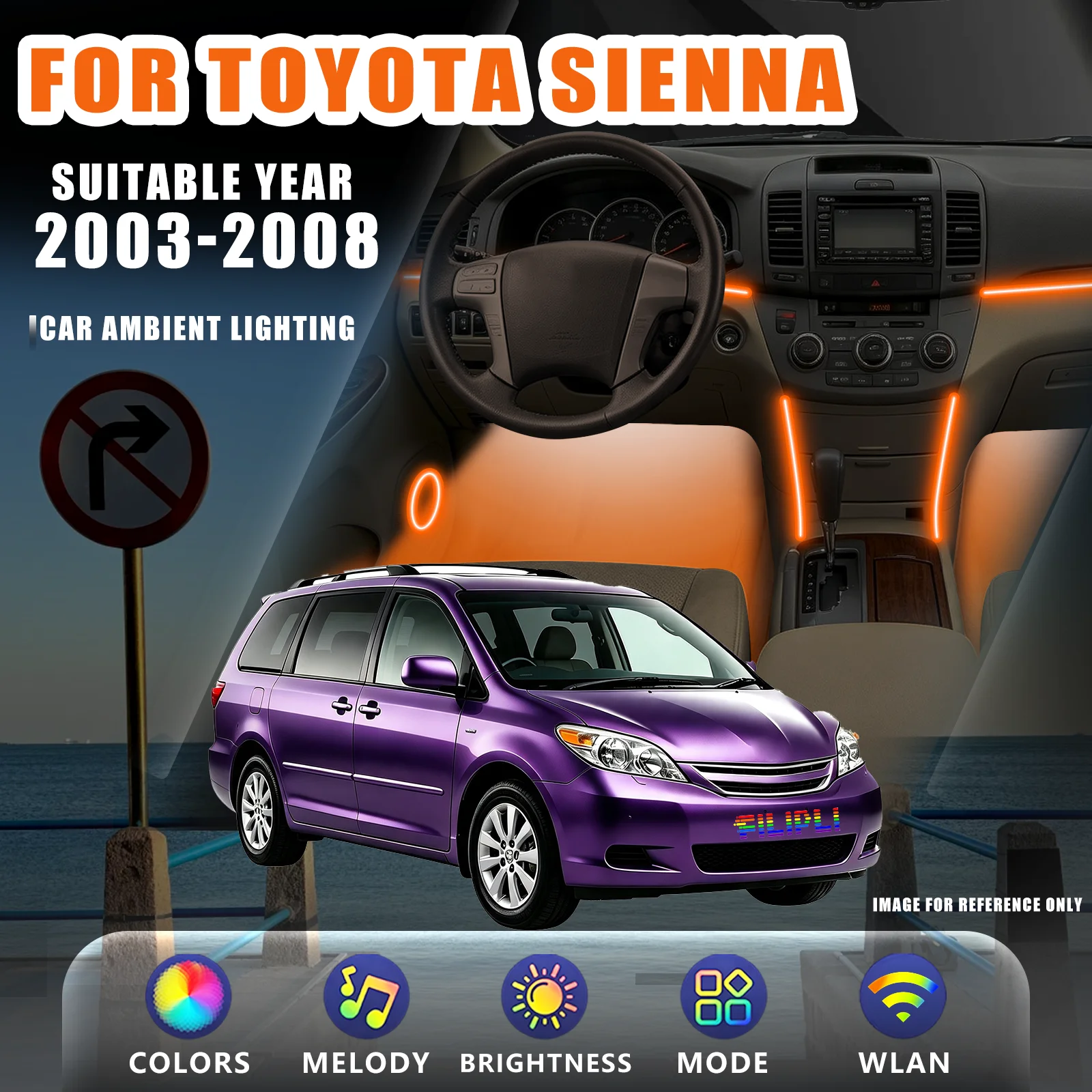 FOR TOYOTA Sienna 2003-2008 YEAR RGB 6 Lights car ambient light kit front rear dual zone control lock car delay fade dedicated plug adapter plug play no wire break lighting kit