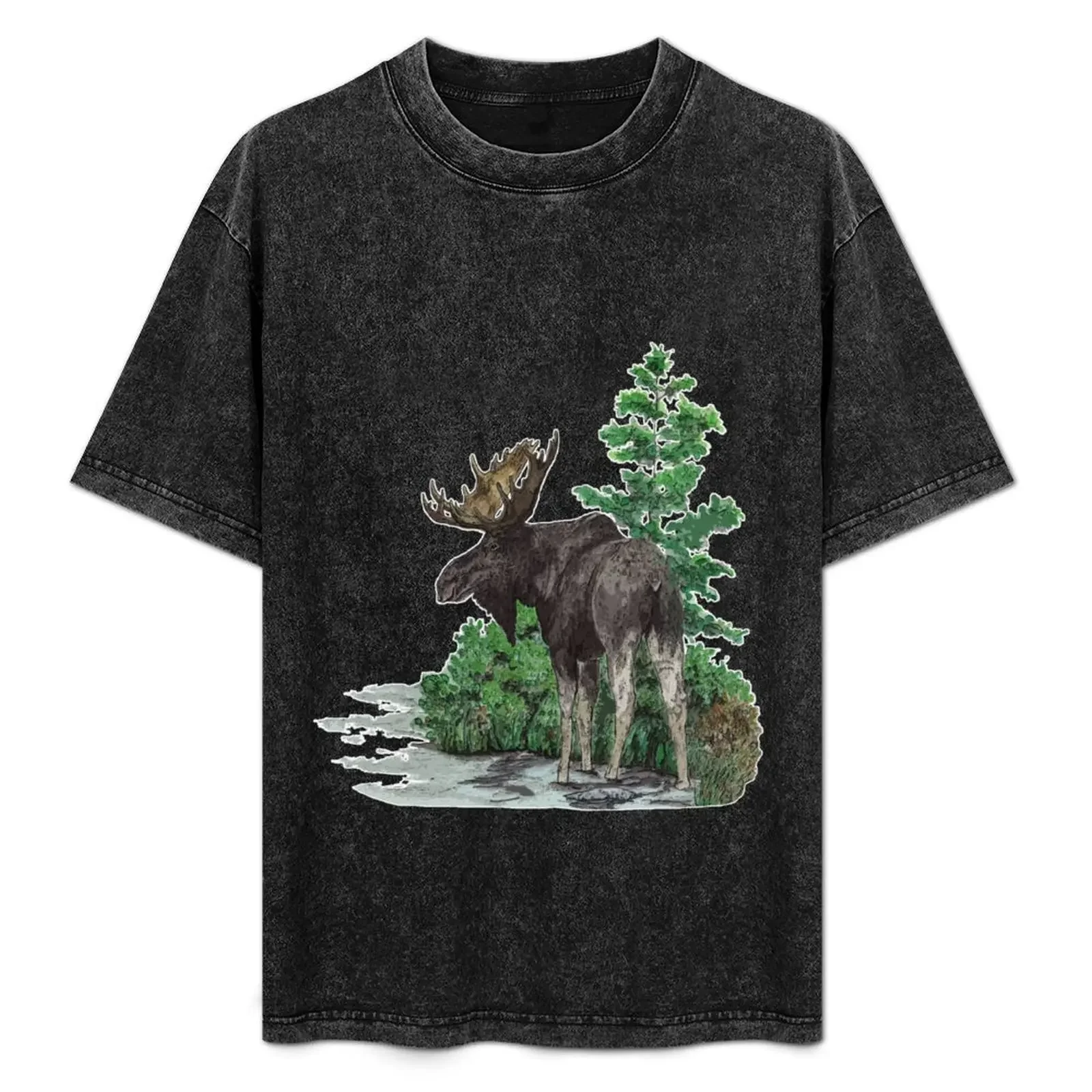 

Moose watercolor T-Shirt Basic Crew Neck Short Sleeve Top