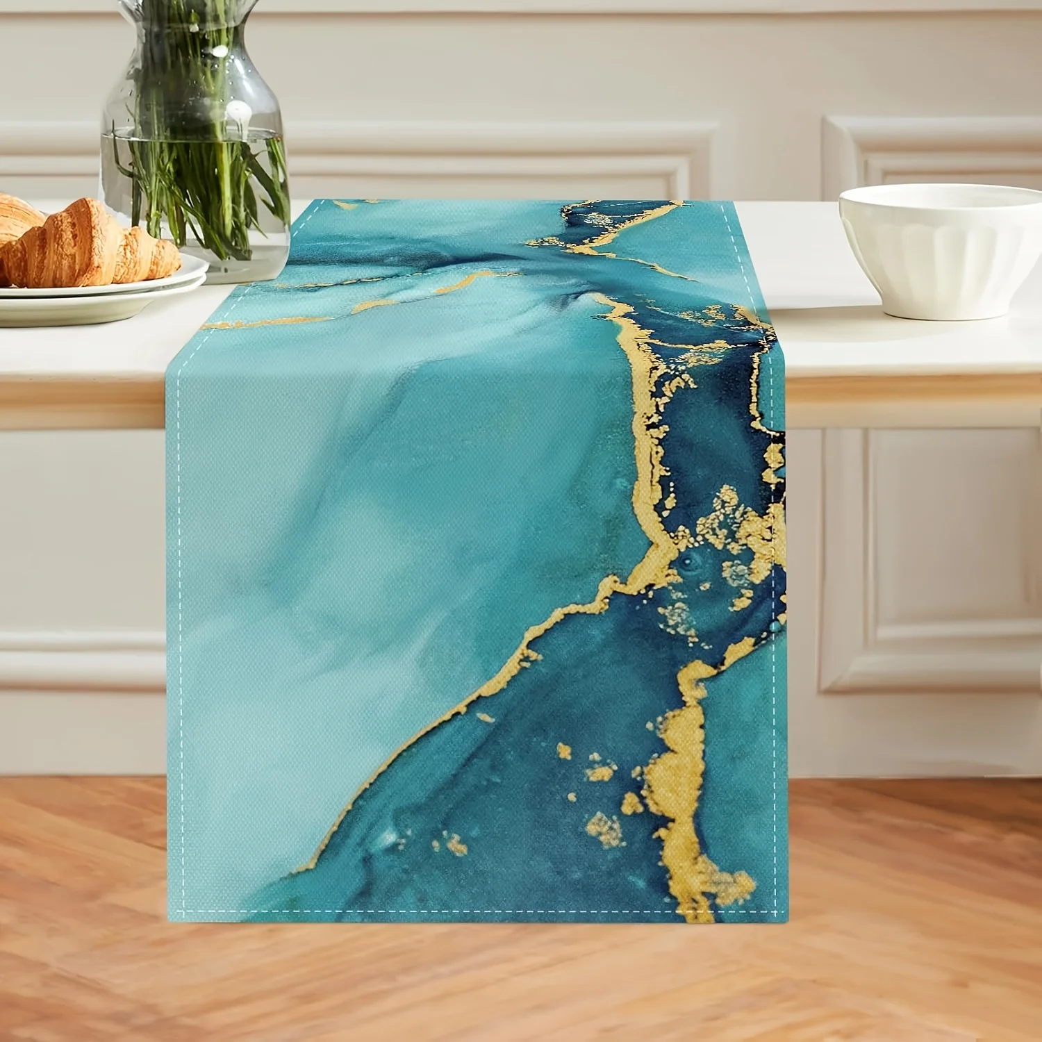 1pc Teal Marble Table Runner Watercolor Abstract Art Modern Kitchen Dining Decor Indoor Outdoor Home Party Decoration Wove