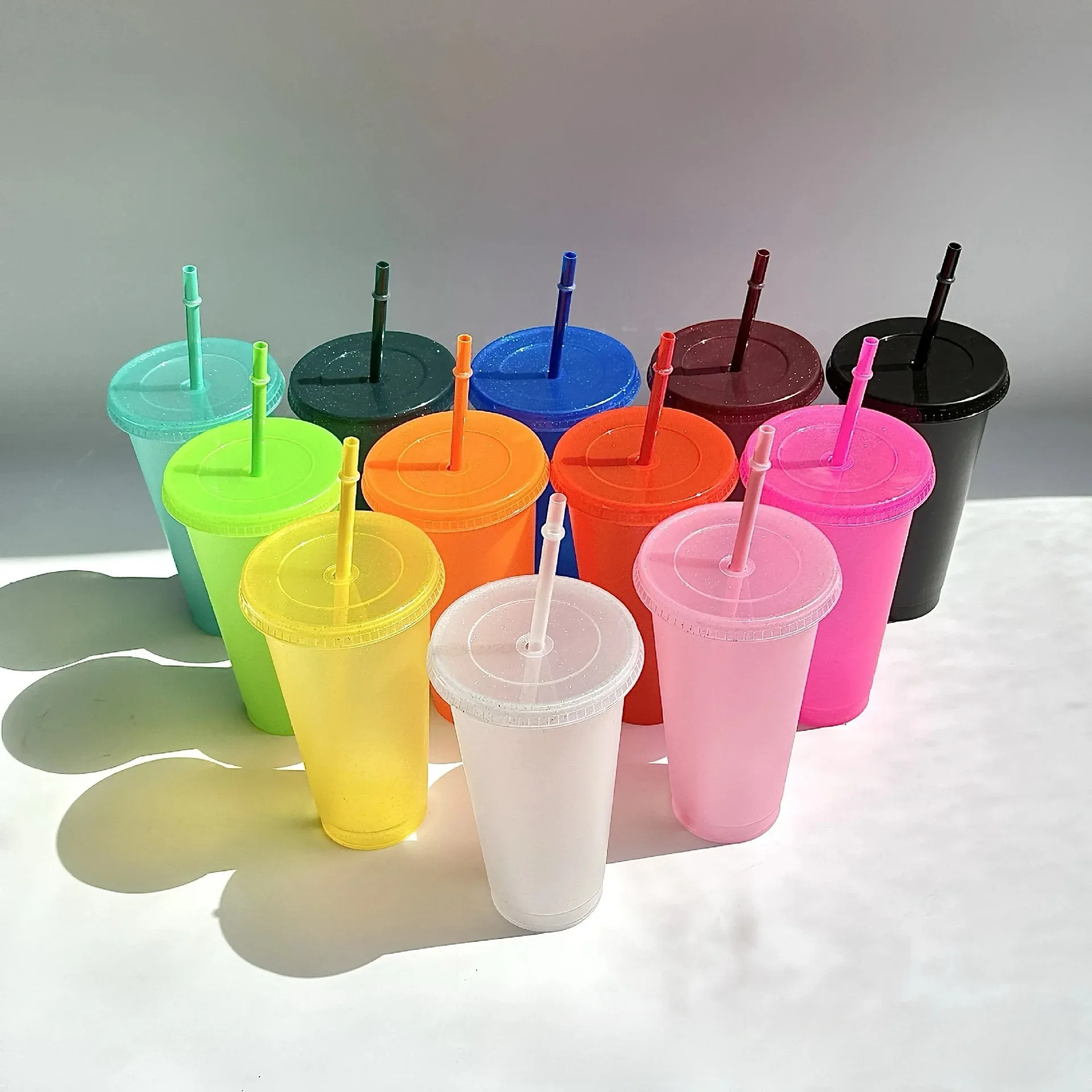 Summer Party Glitter Cups Girl Cold Drink Cups Reusable Hard Plastic Cups with Lids and Straws For Wedding/Holiday Parties