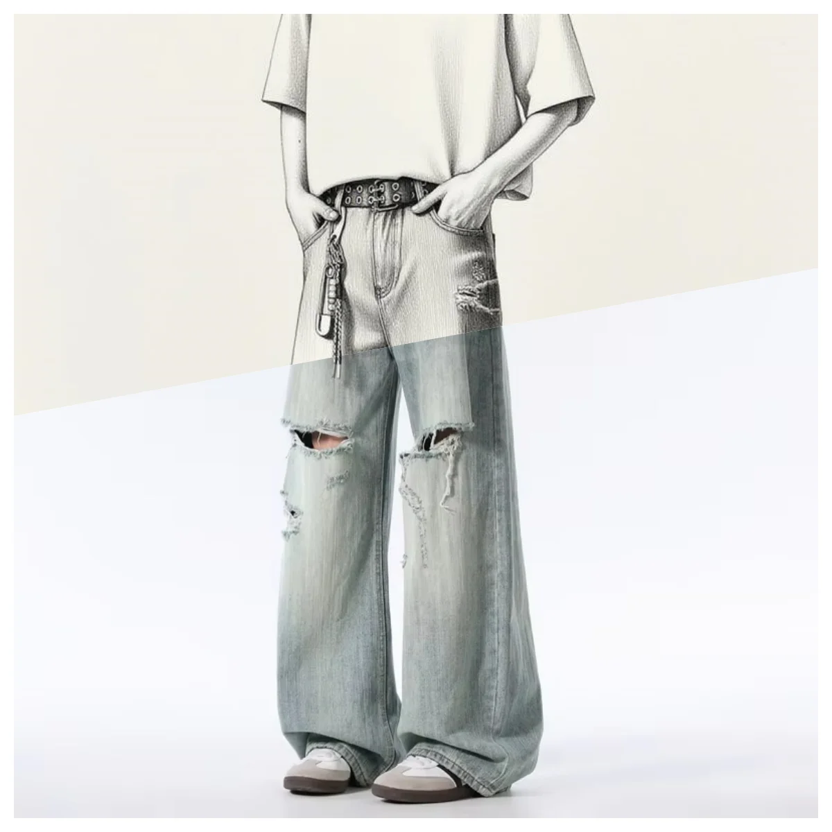 

Loose Ripped Jeans Men Blue Baggy torn holey jeans For Men Wide Leg Pants Denim Summer Streetwear Fashion Mens Dragging Trousers