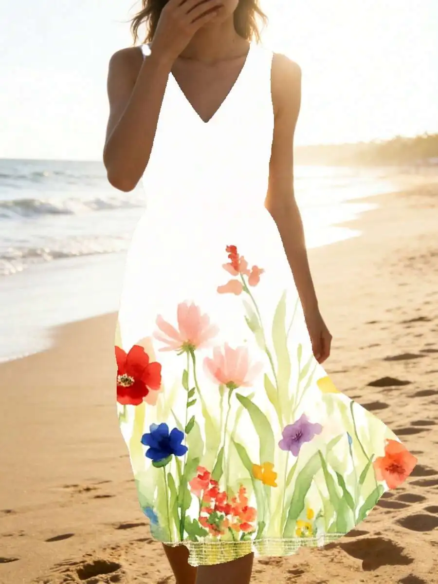 

V Neck Sleeveless Midi Dress White Floral Print Summer Beach Wear