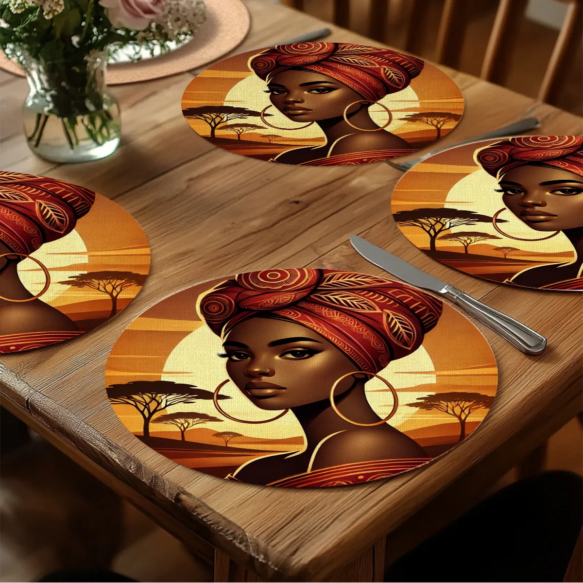4PCS strong African women in traditional clothing lace round placemat, suitable for kitchen, restaurant, party and holiday decoration, classic home decoration, high-quality fabrics, fashionable catering accessories, a must for party hosts