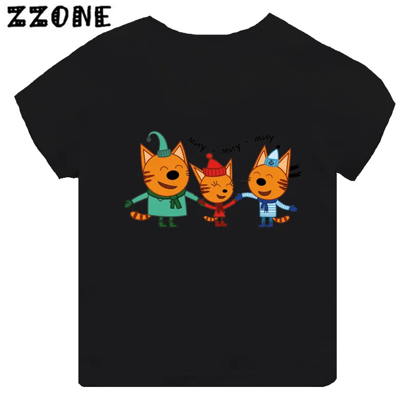 Hot Sale Kid-e-cats Three Kitten Russian Cartoon Print Kids T-shirt Girls Clothes Baby Boys Black T shirt Children Tops,TH5411