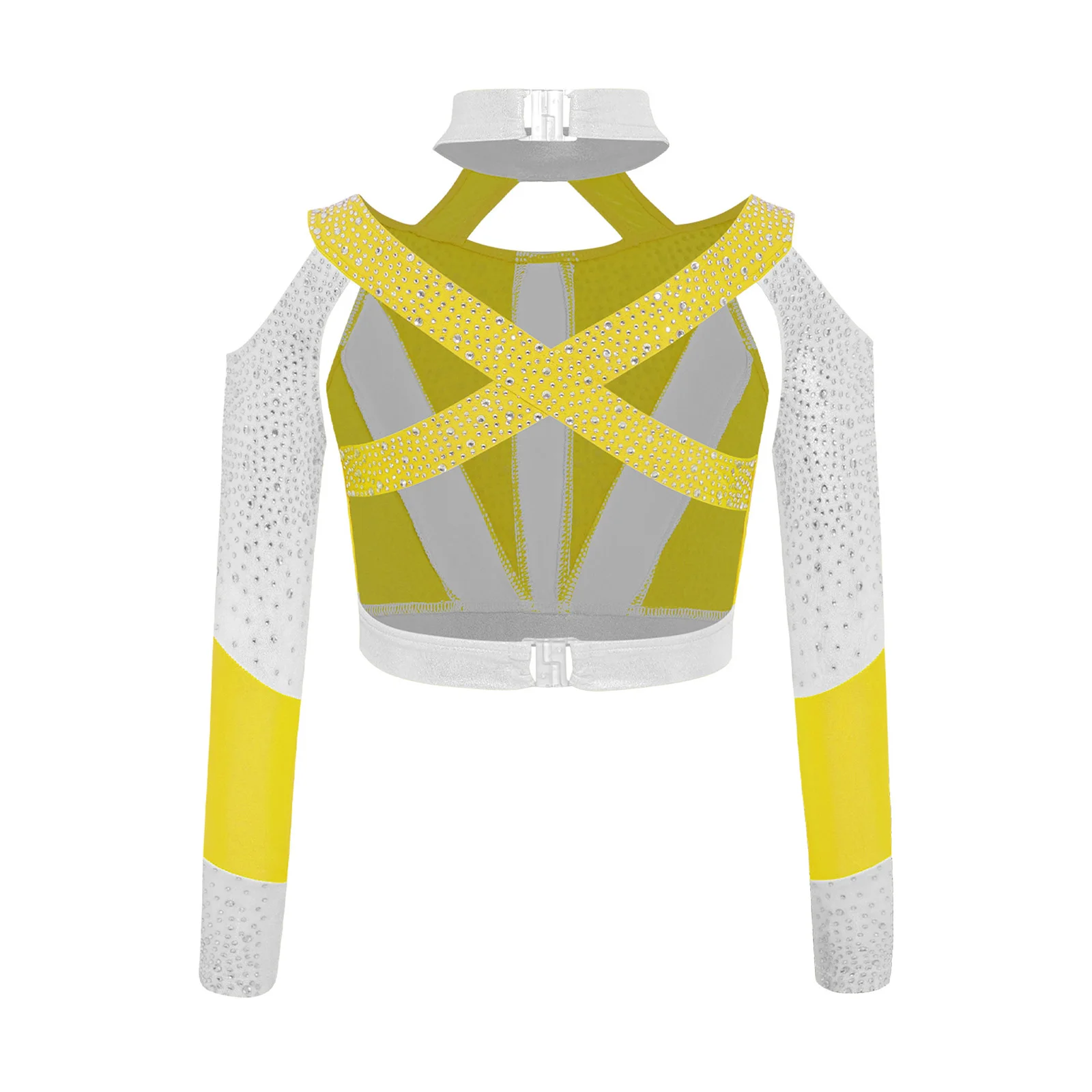 Girls Gymnastics Acrobatics Dance Costume Long Sleeve Shiny Rhinestone Color Block Cross Back Cutout Crop Top Belly Dancewear