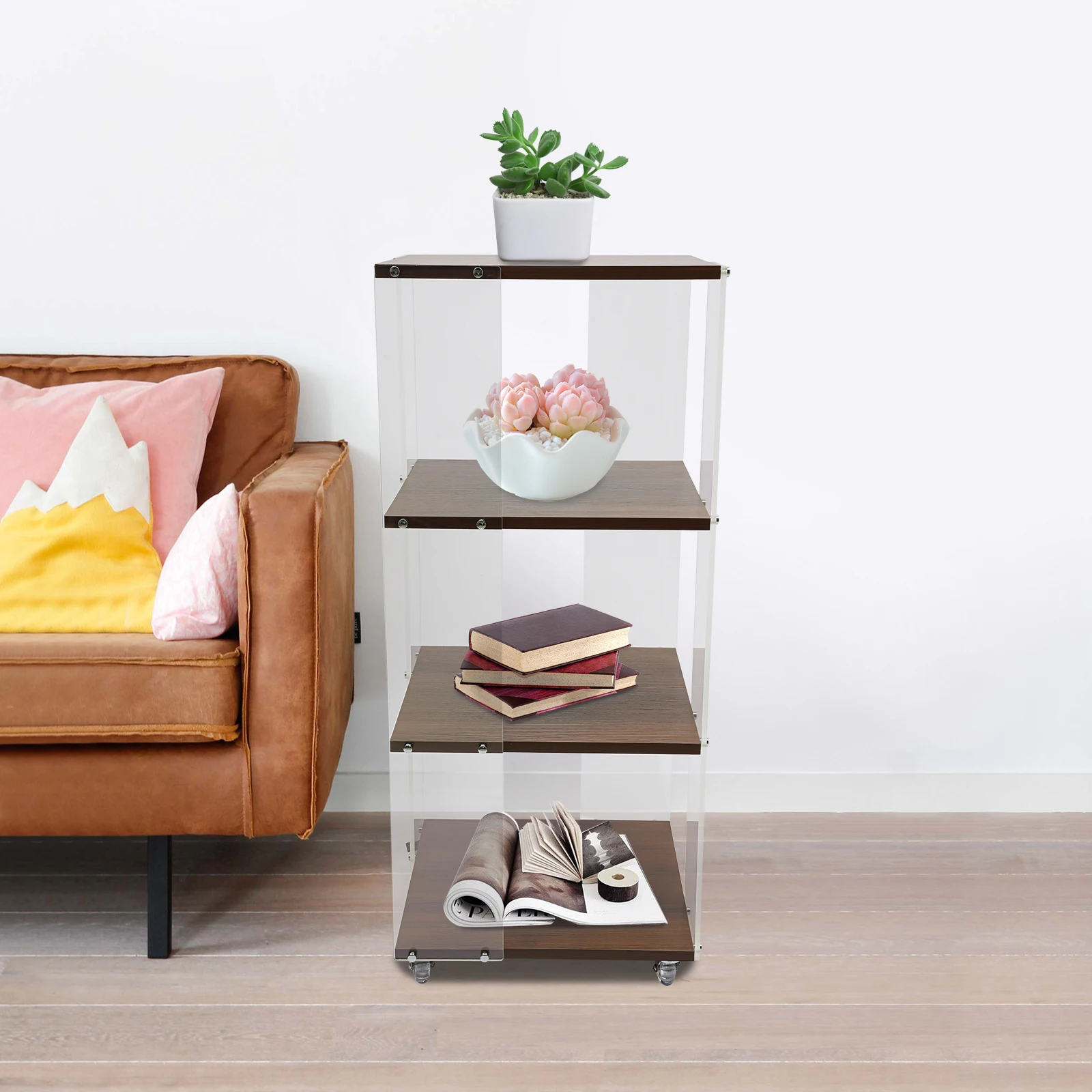 

Acrylic MDF 15.7*15.7*37.4-inch Three-layer Rotating Bookcase with Universal Wheel Large-capacity Bookcase Storage Rack