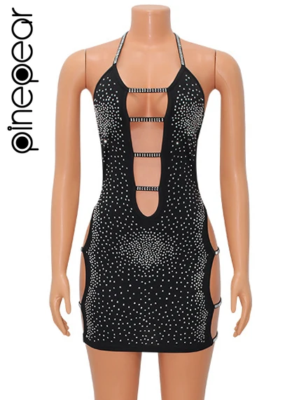 Ananas Frauen glänzend Luxus Diamant Halfter tiefen V-Ausschnitt rücken frei Mini kleid 2024 Sommer sexy aus geschnitten Bandage Geburtstags feier Kleid