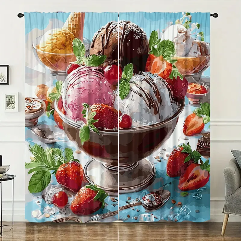 Strawberry ice cream dessert pattern, high-definition digital printing, cordless design, machine washable top pole-hanging style