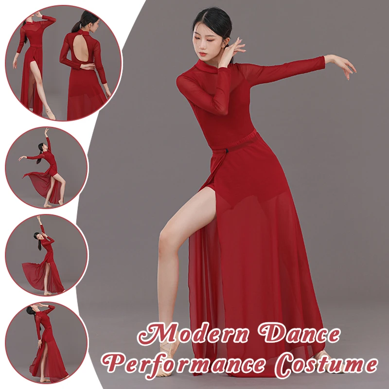 زي أداء الرقص الغنائي الحديث للسيدات بأكمام طويلة مفتوح من الخلف شبكي يوتار + تنورة مقسمة للتزلج على الجليد باليه والجمباز