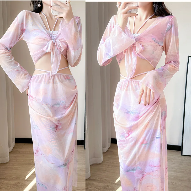 

Сплит, 4 шт., бикини, живот, обтягивающий сексуальный купальник с длинными рукавами, сказочный купальник для отпуска, интернет-знаменитости