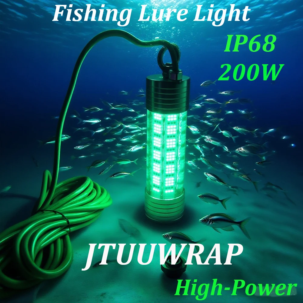 1 PC New 200W 12V Fishing Light with 10 Meters, Green/White Fishing Lure Light, Underwater Waterproof Fishing Equipment