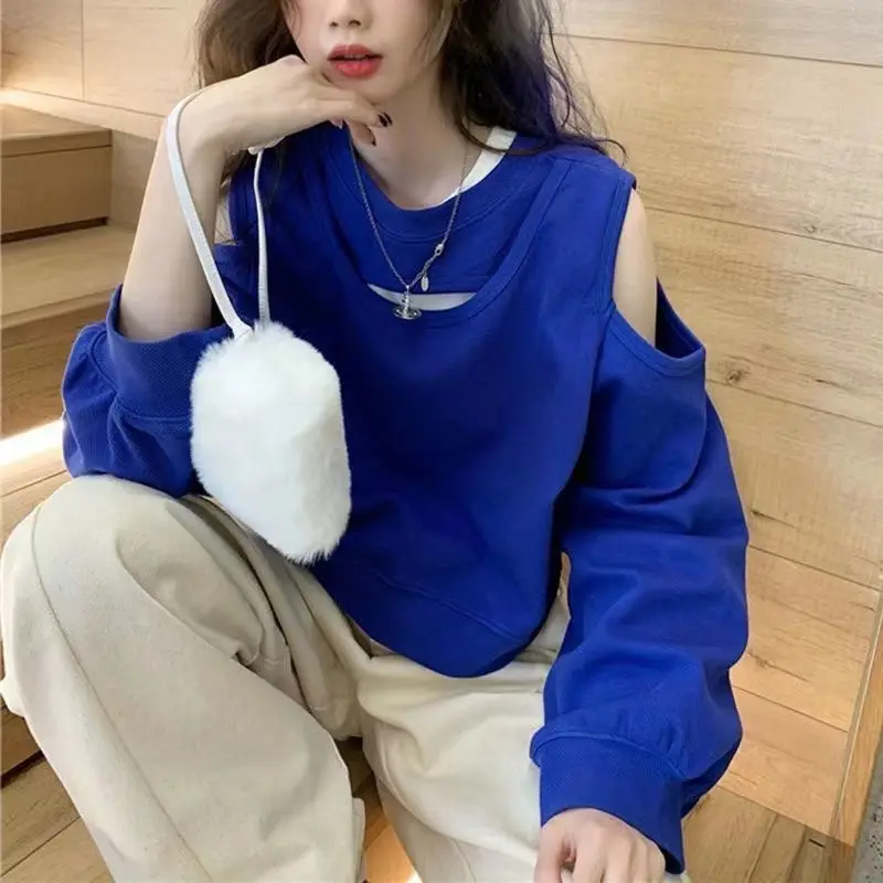 Fashion O-Neck Spliced Off Shoulder Hollow Out T-Shirt Women\'s Clothing 2022 Autumn New Casual Pullovers Loose Korean Tee Shirt