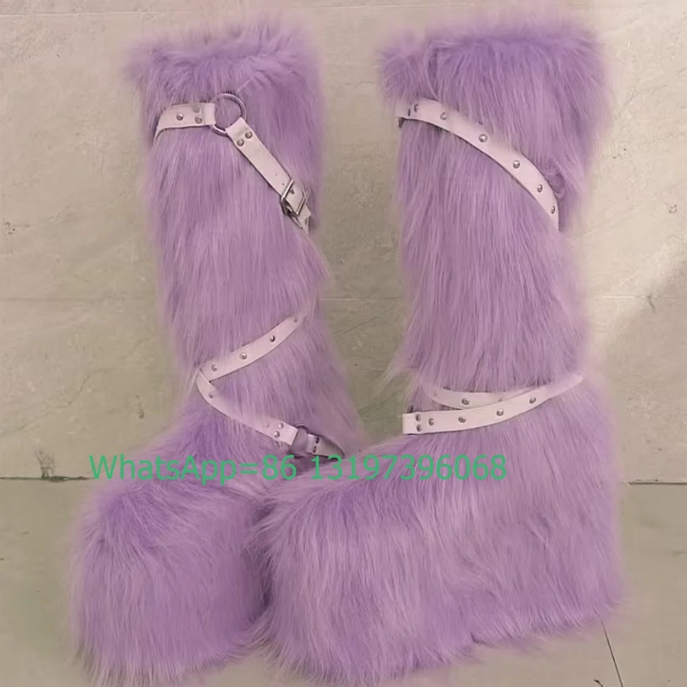 Lady white buckle strap fur vintage boots platform sexy Mary Janes Y2K style boots metal design cowboy boots size 35-46 footwear