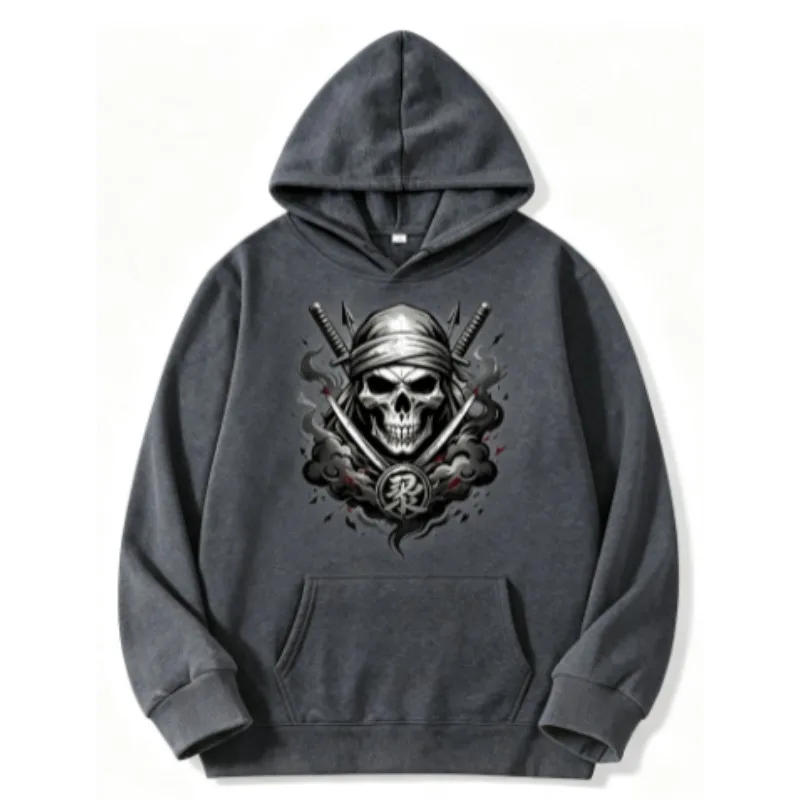 Men's Samurai Skull Print Hoodie 2026 New, Black White Graphic Spring Autumn Streetwear Casual Sweatshirt