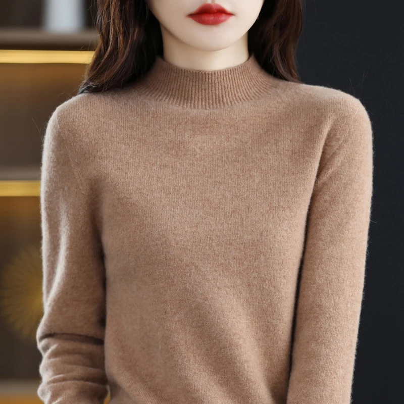 100%Merino Wool Sweater Women Autumn Long Sleeve Mock Neck Warm Soft Cashmere Pullovers Basic Bottom Sewn Knitwear Jumpers