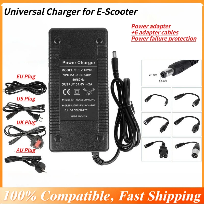 

Universal Charger with 6 Adapters for E-Scooter, 54.6V 2A DC2.1 Power Supply Fast Charging for Lithium Battery &Electric Scooter