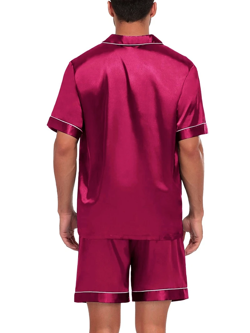 طقم بيجامة ساتان فاخر للرجال بأكمام قصيرة وأزرار أمامية وسروال قصير مرن ملابس نوم مريحة مناسبة Pjs #3