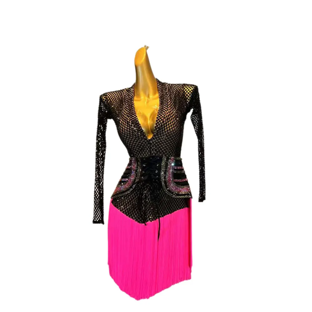 

Костюм для латиноамериканских танцев со стразами, женский, для взрослых и детей, высококачественный, на заказ, черный, с сетчатыми вставками и бахромой, платье для выступлений по самбе