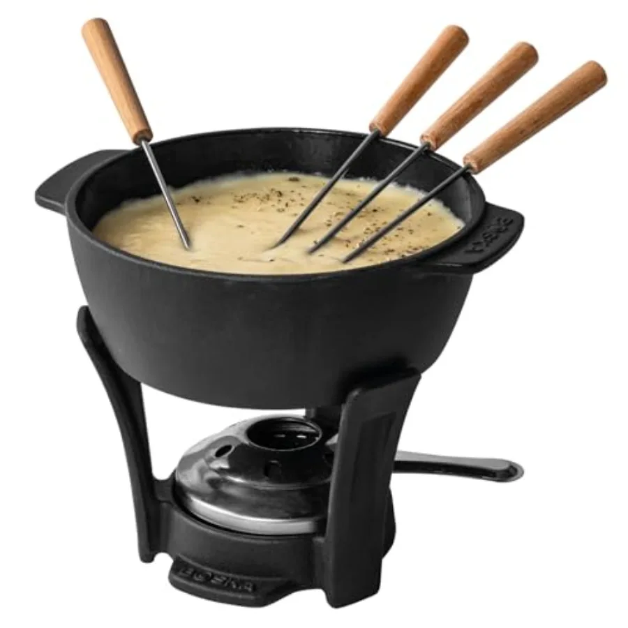 

Party fondue pot for cheese melting: round cast iron black durable with burner and 4 forks compatible with all stove types