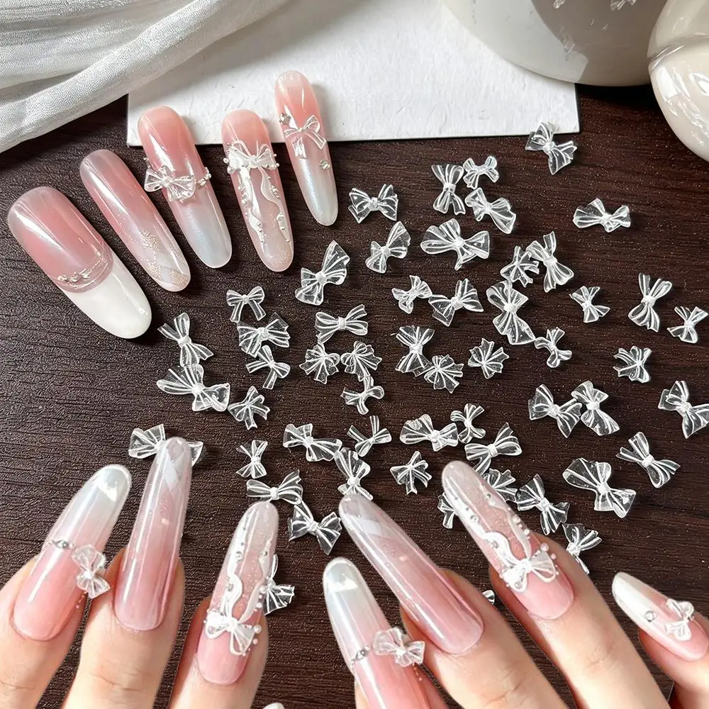 50Pcs 3D Translucent Moonlight Bow Nail Charms Mixed Resin Bowknot Nails Art Decorations Flatback Ribbon Manicure Accessories ZC