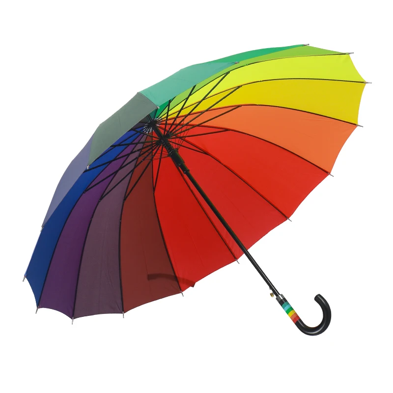 multi colors 16k ribs curved handle ladies girl women decorative rainbow straight golf umbrella