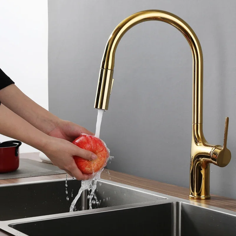 Gold Kitchen Faucets  Pull Out Rotation Waterfall Stream Sprayer Head Sink Mixer Brushed Nickle Water Tap