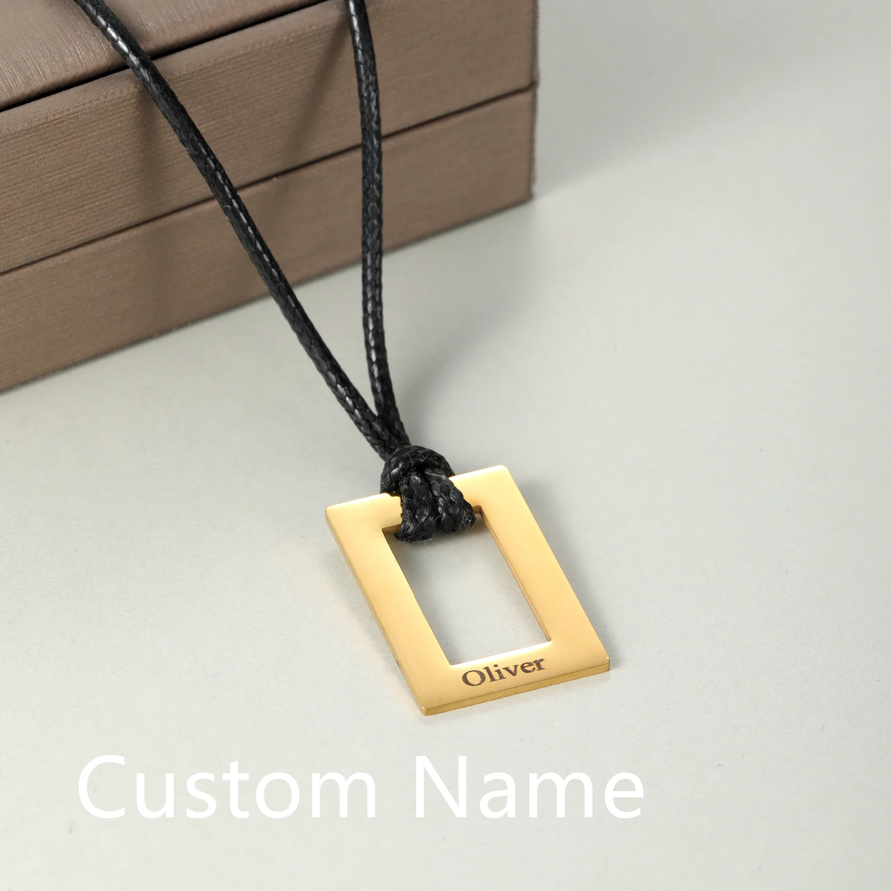 Rectangular Engraved Name Necklace Leather Cord Necklace Stainless Steel Custom Name Laser Husband Engraved Jewelry for Men Gift