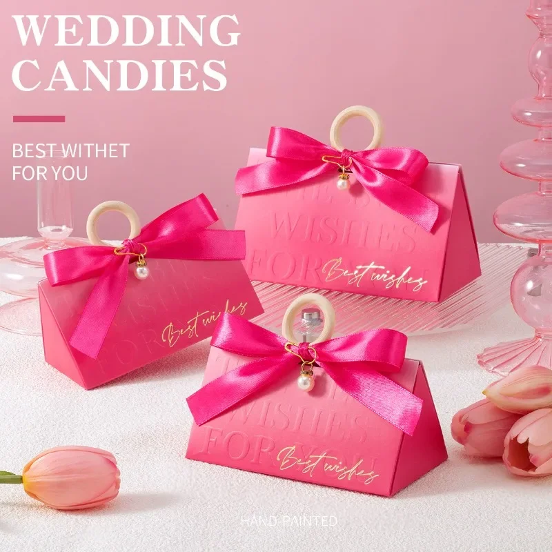 

10 Pcs Cardboard Wedding Candy Boxs with Ribbon Handle Gift Boxs for Guest Marry Decoration Accessory Present Packing Bag