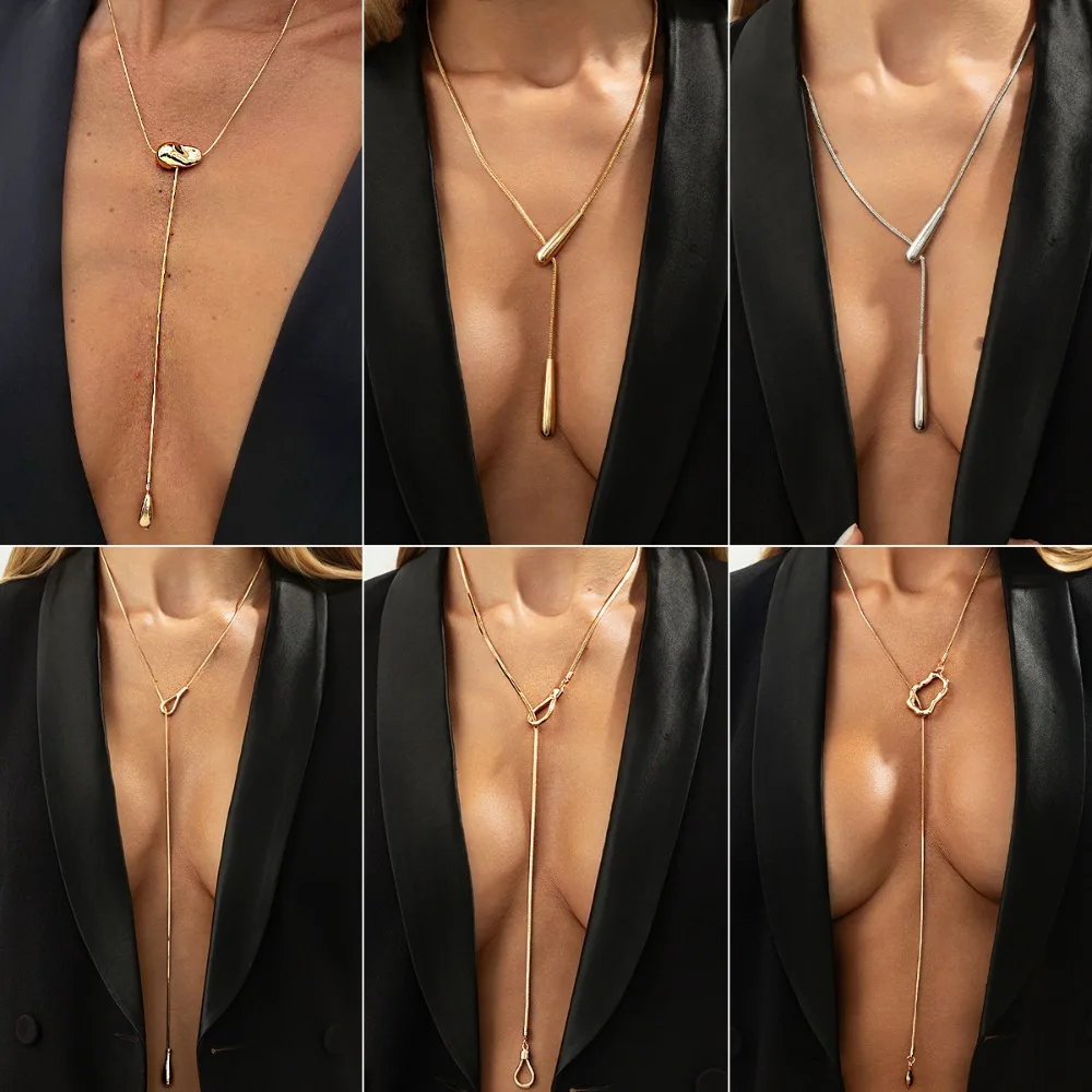 Minimalist Irregular Hollow Out Pendant Thin Snake Bone Chain Long Adjustable Necklace for Women Fashion Commuter Jewelry Gifts