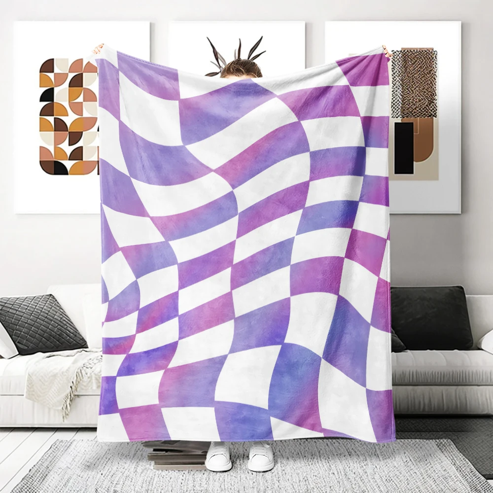 Purple Warped Checker Flannel Blanket Perfect For Sofa Office Bed Travel Sleep Read Relax Camping Four Season Use