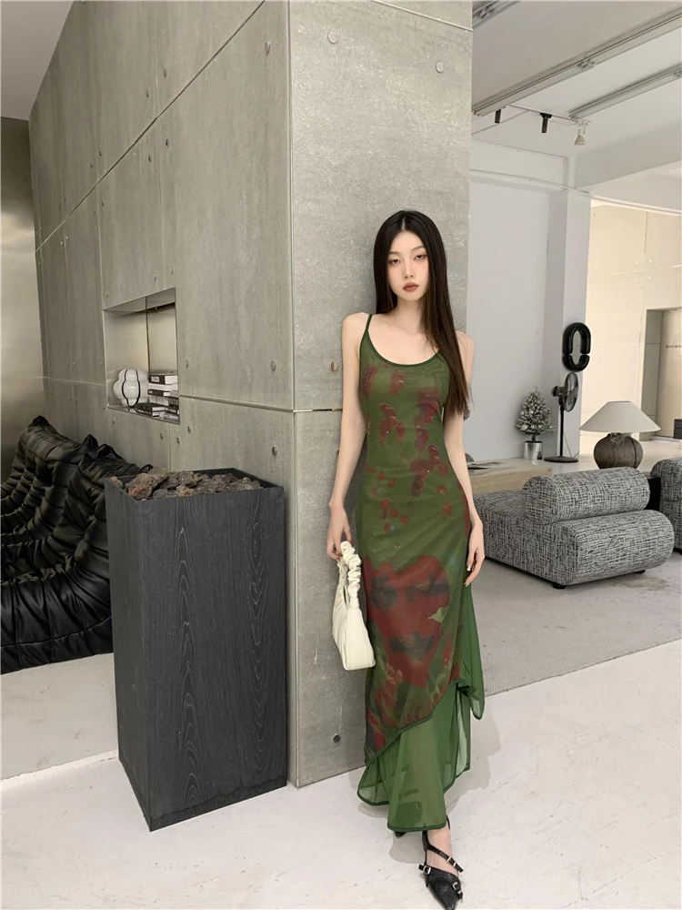 Yedinas Fairycore Spaghetti Strap Summer Dress Women Patchwork Mesh Green Vintage senza maniche Vestidos Long Maxi Party Dress Y2k