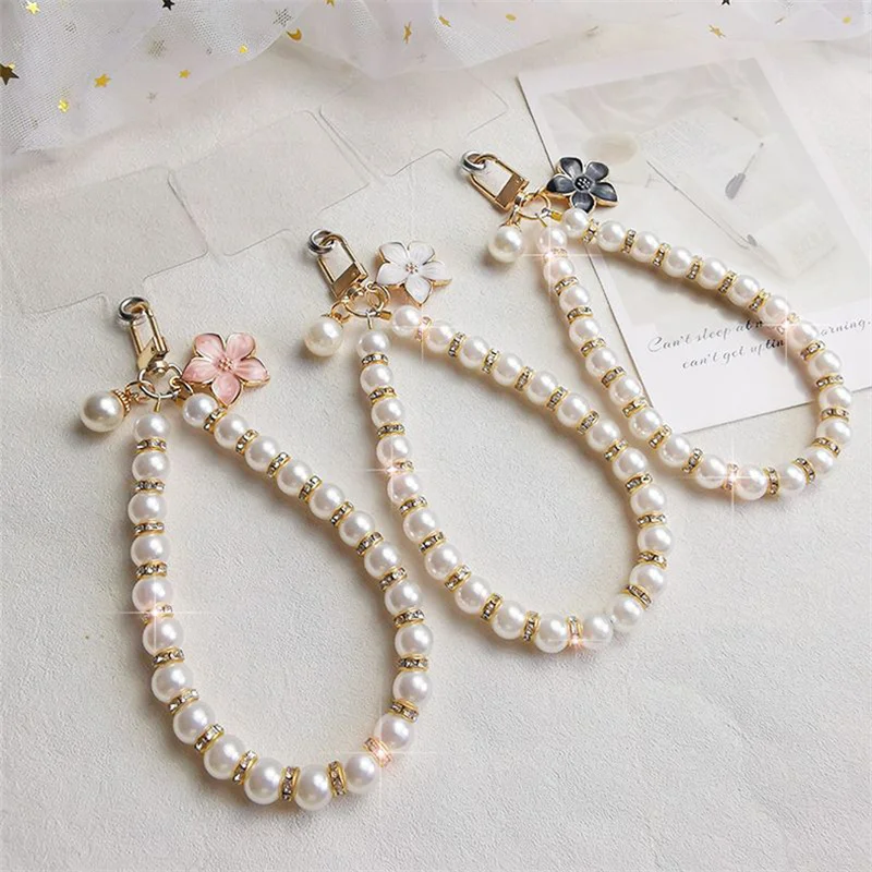 Pearl Lanyard Fashion Rhinestone Car Keyring Pendant Mobile Phone Lanyard Hand-woven Wrist Strap Back Case Anti-lost Lanyard