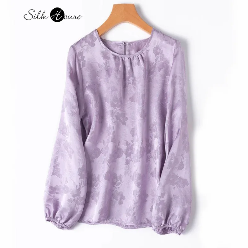 

Romantic Refreshing 100% Natural Mulberry Silk Jacquard Plain Satin Simple Round Neck Long Sleeved Loose Women's Casual T-shirt