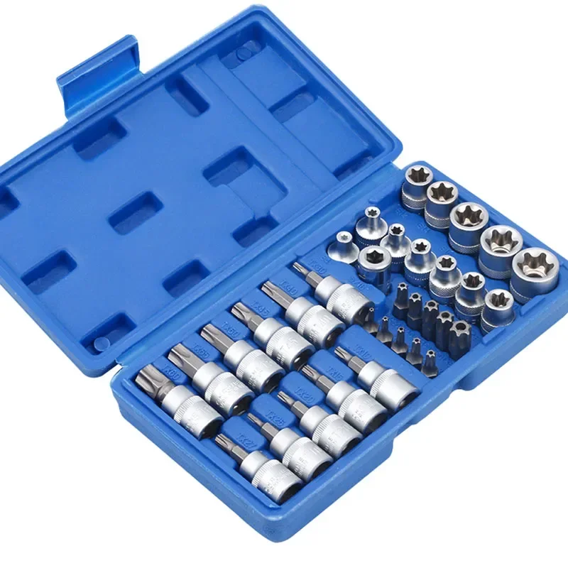 34pcs Torx Star Sockets & Bit Set Male / Female E- Security Bits Drive Handheld Tool Torque Star Socket with Blue Case