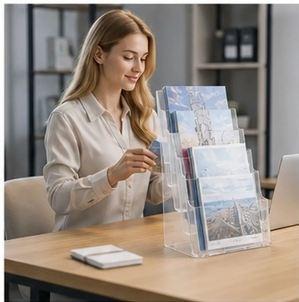 2Pcs A5 4-Tier Clear Plastic Brochure Display Stand for Flyers Pamphlets Literature Organization in Office Home Retail Space