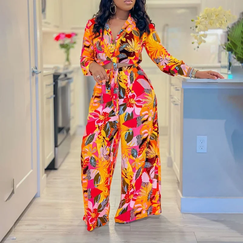 African Fashion Pants Set Women 2 Piece Sets Matching Sets 2024 Summer Flower Printed Top and Pants Suits Outfits