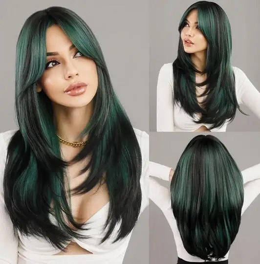 Lavender Synthetic Green Wigs for Women Daily Cosplay New Trend Middle Part Wavy Green Hair Wig Heat Resistant Fiber