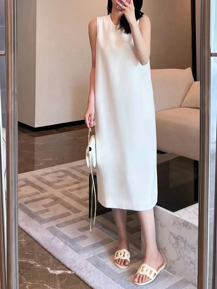 

Gezina White Simple Summer New Sexy Godd Sle round Ne Svel Long Dr Women's Clothing Straight Cut Zipper Detail