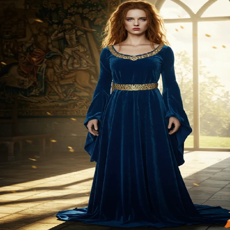 فستان سهرة أنيق من Tudor Noblewoman باللون الكحلي 2026 فستان حفلة موسيقية مخملي عتيق من الفايكنج سلتيك بأكمام طويلة فستان رسمي من القرون الوسطى