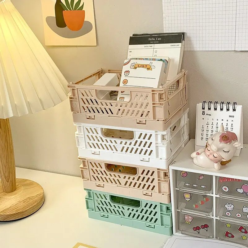 Simple Table Top Folding Storage Basket Decorative Plastic Storage Box Stationery Cosmetics Toy Stackable Storage Box