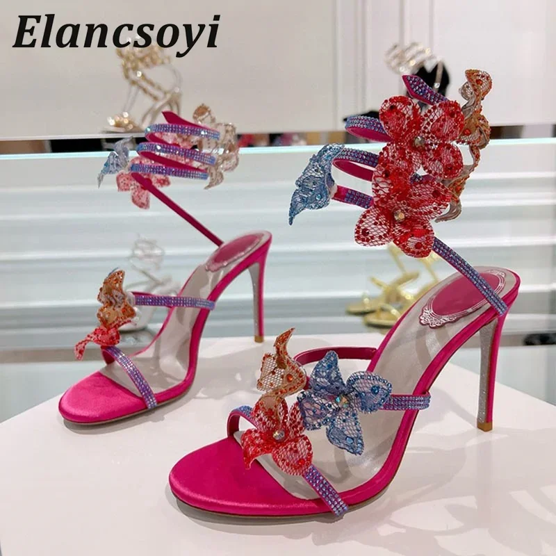 Rhinestone Flower Decor Thin Heels Sandals Women Snake Shaped Winding High Heels Gladiator Sandalias Fashion Party Wedding Shoes