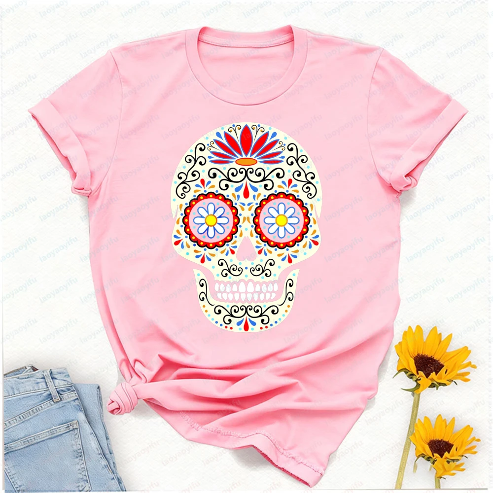 Ornate Floral Sugar Skull Graphic T-Shirt Mexican Day of The Dead Print Short Sleeve Casual Streetwear Fashion Top for Men Women