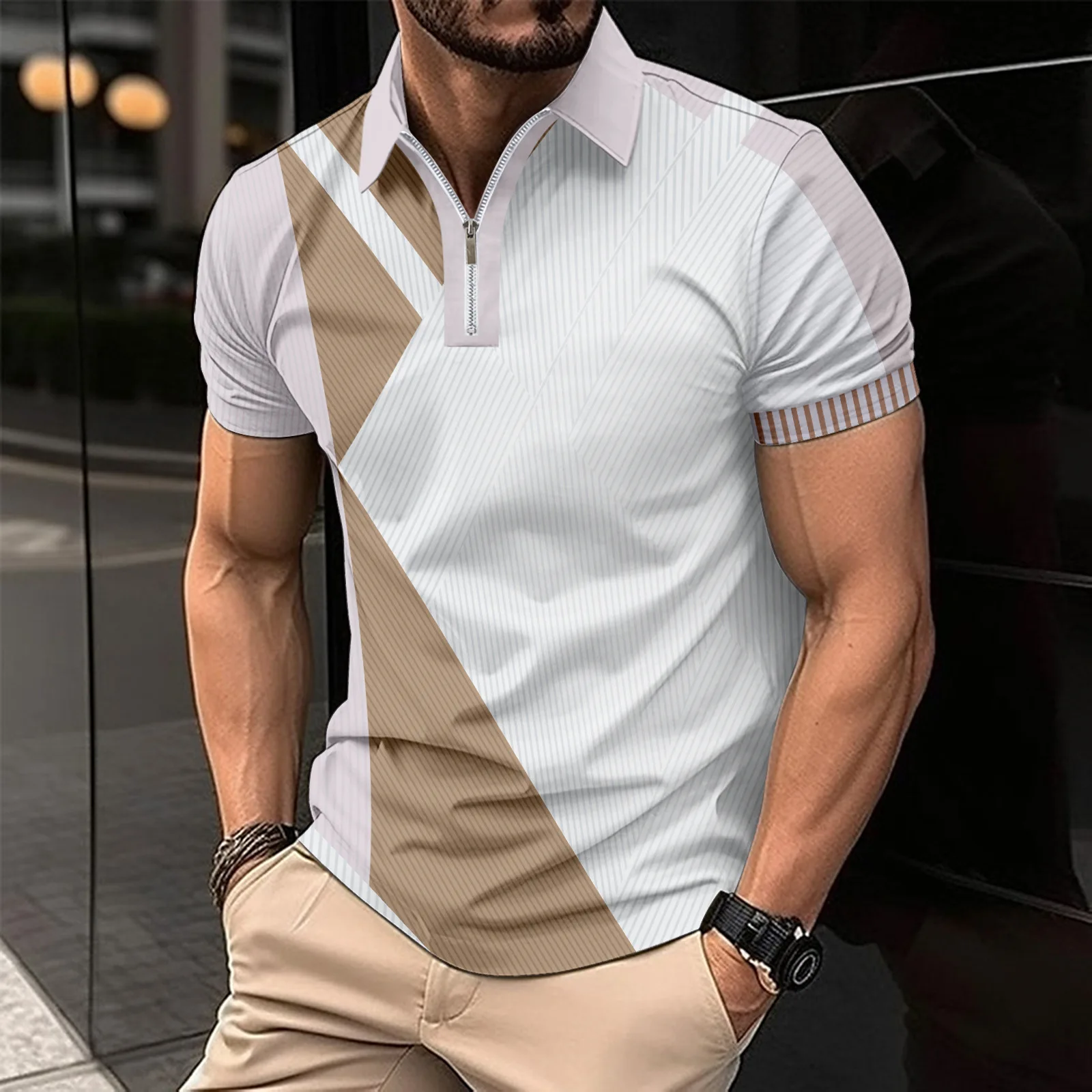 High luxury Men's  Casual Short Sleeved Stripe Polo Shirt Zipper Business Golf Polo Shirt Top Men Breathable Tops Men Clothing