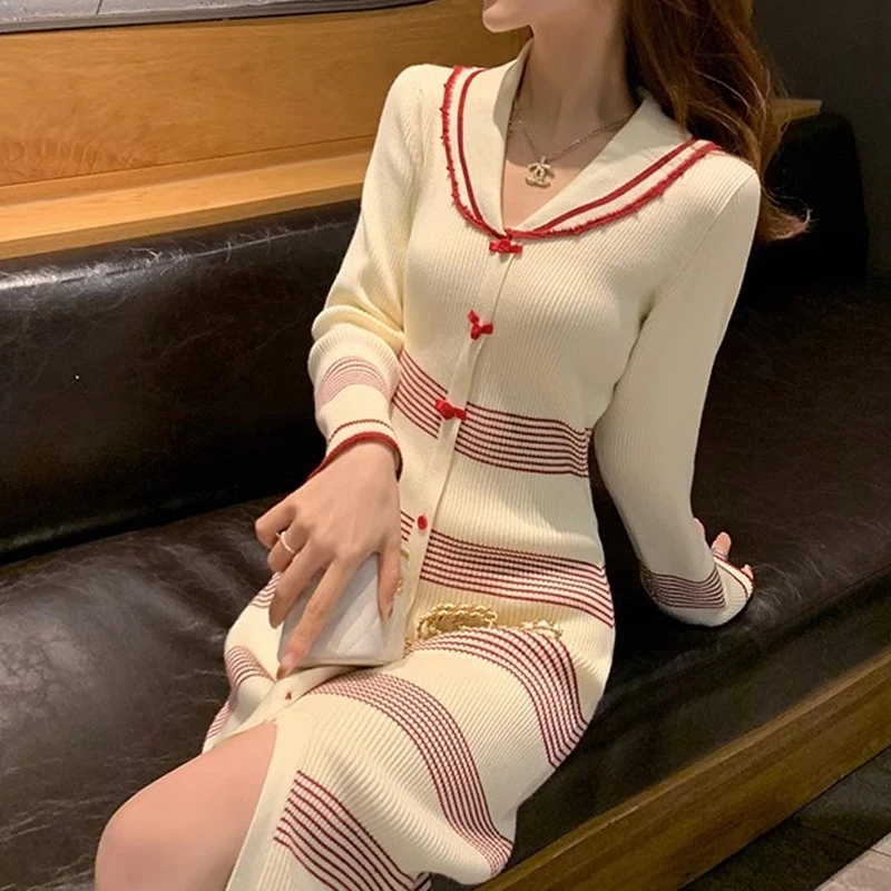 2024 Spring Autumn Women Fashion Striped Elegant Bodycon Ribbed Knitted Dresses Sexy Split Sweet Bow Chic Long Sleeve Midi Dress