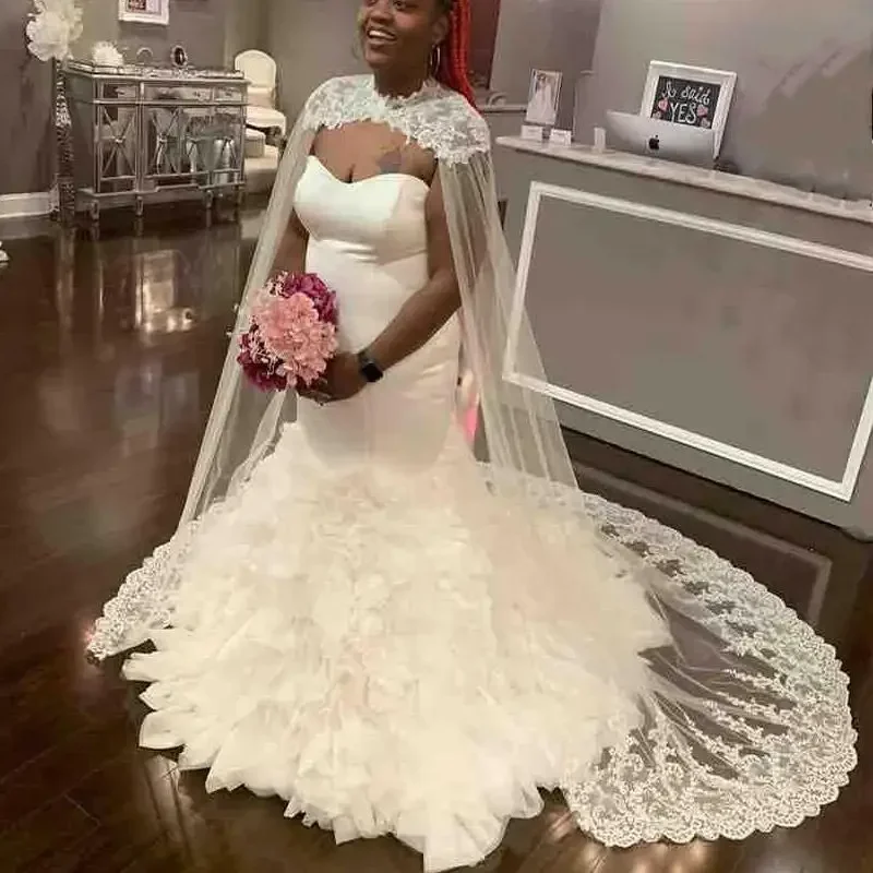 Customized African Plus Size Wrap Appliques Ruched Back Lace Up Mermaid Wedding Dress Tulle Vestido De Novia