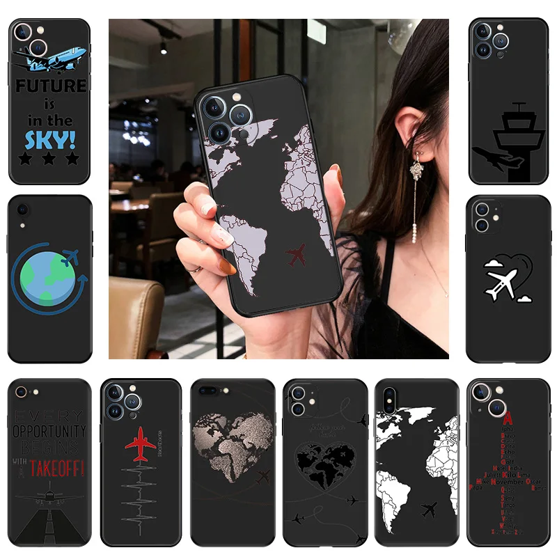 Phone Case For iphone 16Plus XR XSMax 15 14 13 12 11 16 Pro Max Mini 7 8 15Pro Airplane World Map Black Soft Protective Cover